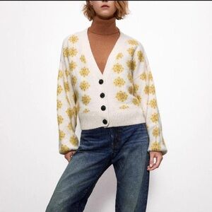 Zara Cream Yellow Knit Cardigan Sweater, Size Small, Alpaca Blend